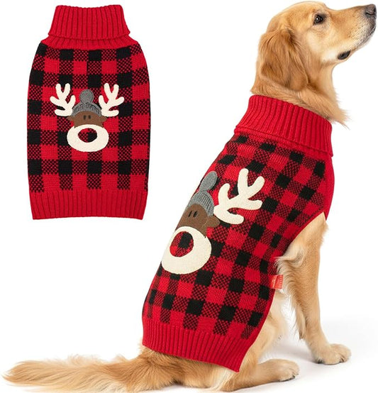 KYEESE Dog Christmas Sweater with Reindeer Pattern, Cozy Large Pet Christmas Red Buffalo Plaid Knit, Turtleneck Dog Sweater for Large Dogs with Leash Hole, Soft Warm Pet Clothes, XXX-Large
