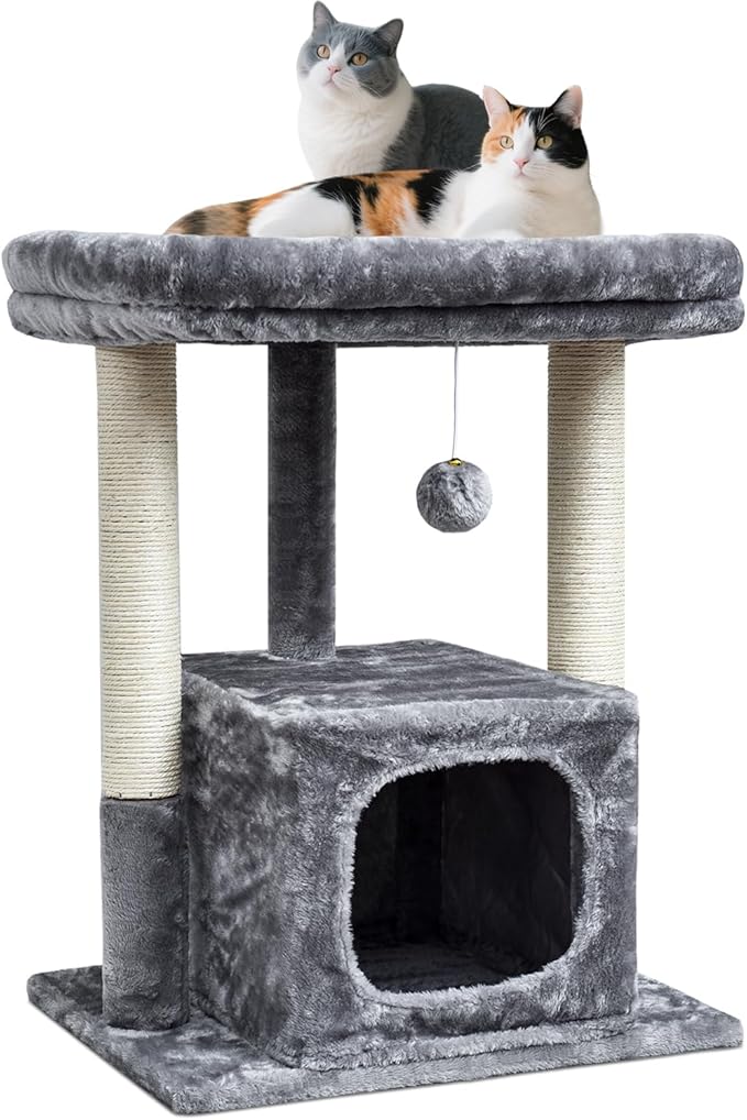 SYANDLVY Cat Tree for Indoor Cats Large Adult, Modern Activity Tower with Scratching Posts, Condo with Plush Perch, Climbing Stand with Spring Ball for Play, Grey