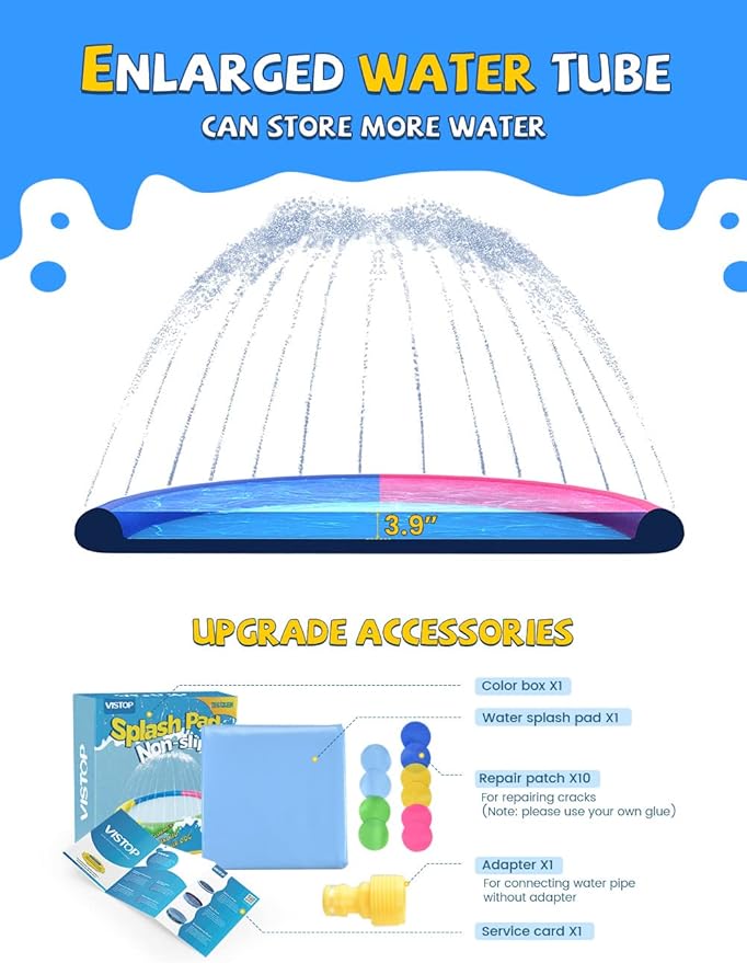 VISTOP Non-Slip Splash Pad for Kids and Dog, Thicken Sprinkler Pool Summer Outdoor Water Toys - Fun Backyard Fountain Play Mat for Baby Girls Boys Children or Pet Dog (97 inch, Red&Yellow&Green&Blue)