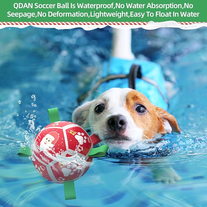 QDAN Small Christmas Dog Toys, Soccer Ball with Straps, Outdoor Interactive Toys for Tug of War, Puppy Birthday Gifts, Water Toy, Durable Dog Balls for Puppy (5 Inch)