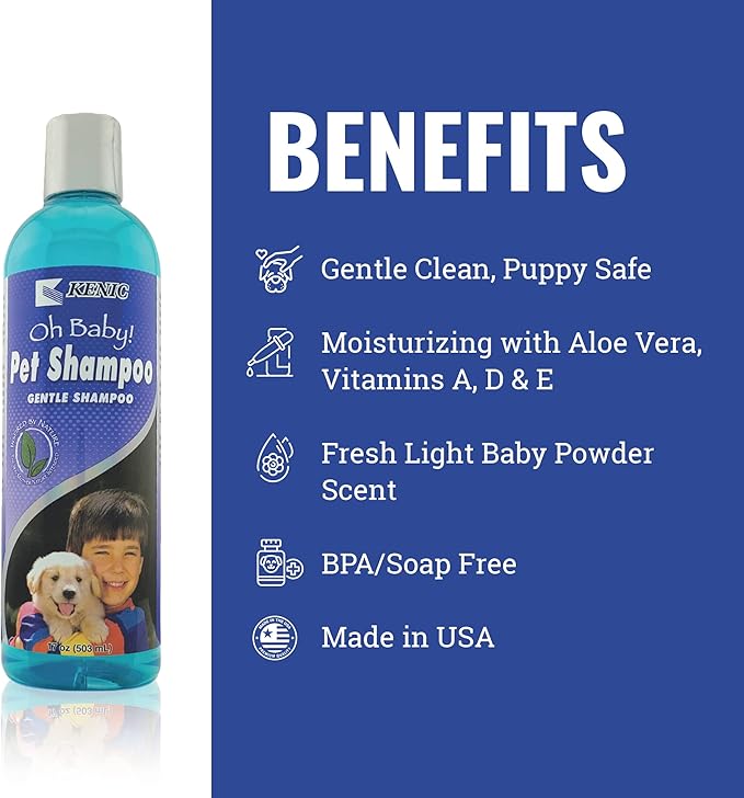 Kenic Oh Baby Gentle Pet Shampoo for Puppies & Sensitive Skin & Coats w/Light Baby Powder Scent, Soap & Paraben Free, Tear-Free, Made in USA