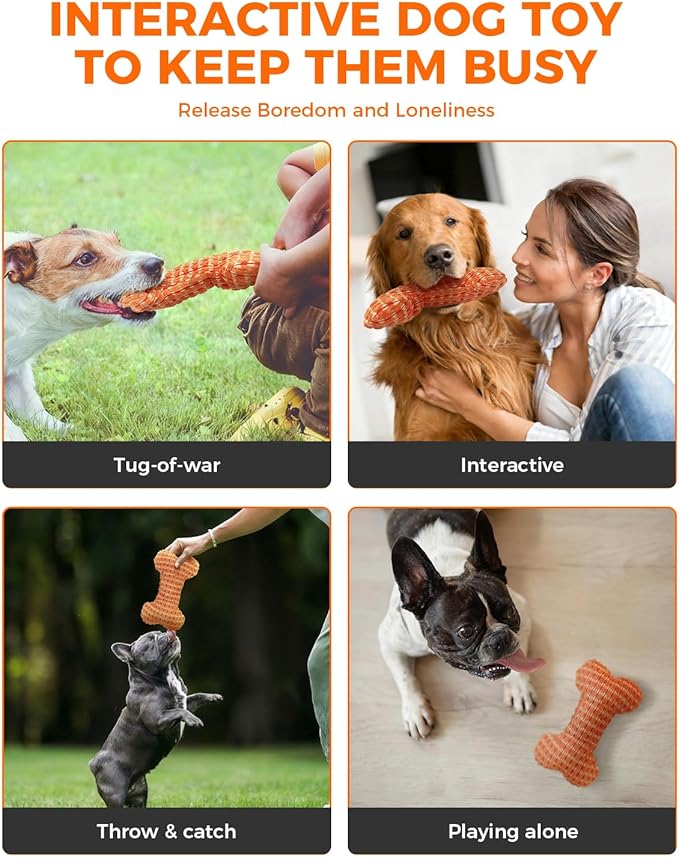 Squeaky Dog Toys for Medium Dogs, Interactive Dog Plush Toy for Aggressive Chewers, Tough Chew Gifts for Puppy Teething to Keep Them Busy and Relieve Boredom (Orange Bone)