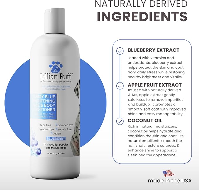 Lillian Ruff PRO Formula Blueberry Waterless Dog Shampoo & Berry Blue Brightening Conditioner - No-Rinse Odor Eliminator & Hydrating Whitening Conditioner Detangles, Restores Skin, Softness & Shine