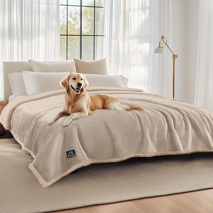 Luciphia Waterproof Pet Blankets, Liquid Pee Proof Dog Blanket for Sofa Bed Couch, Reversible Sherpa Fleece Furniture Protector Cover for Small Medium Large Dogs Cats, Dark Beige King Size（100" x 85"）