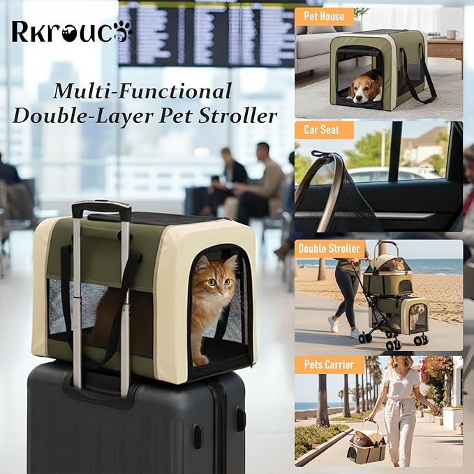 Foldable Double Pets Stroller for Dog Portable Cat Strollers for Small Medium Pet with Detachable Carriers Flexible Lockable Wheels Lightweight Dogs Jogger Strolling Cart Up to 77Lbs (Green)