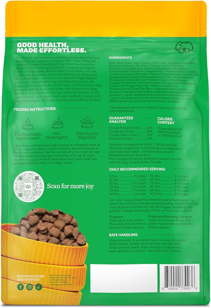 Get Joy Freeze Dried Raw Beef Meal, High Protein Grain Free, Dry Dog Food Meal Mixer and Topper, with Probiotics for Gut Health, Made with 100% USDA Organ Meat, for All Breeds and Ages, 32oz Bag