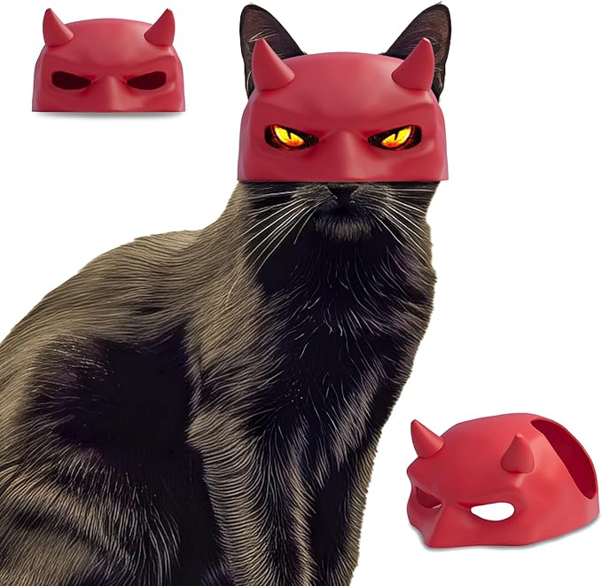 Devil Cat Cloak and Horned Mask Costume for Indoor Cats, Funny Superhero Pet Outfit for Halloween, Cosplay and Party Photoshoots, Red Hooded Cape and Mask Set for Cats – Big/Middle