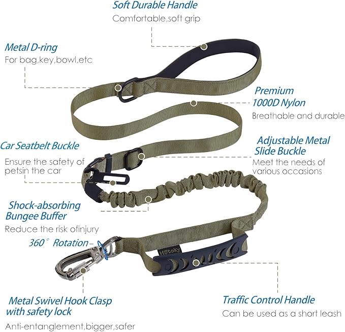 Hotsky Tactical Dog Leash Heavy Duty for Medium Large Dogs That Pull,4-6Ft Strong Bungee Shock Absorbing No Pull Dog Leash with Padded Double Handle and Car Seatbelt,ArmyGreen