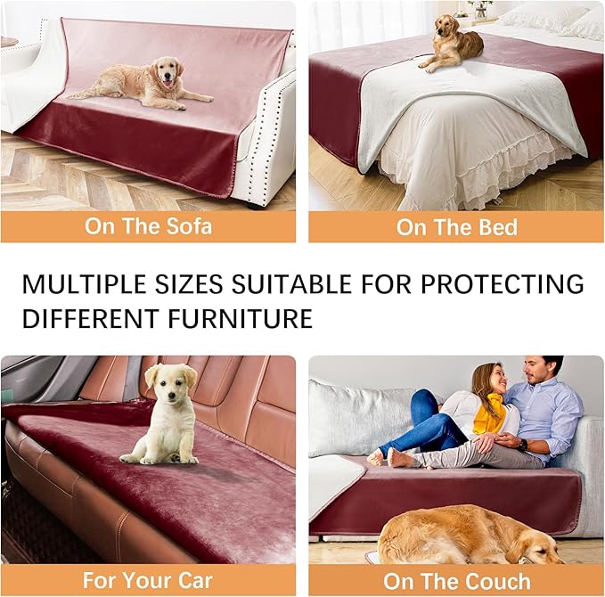 Waterproof Dog Blankets, Washable Pee Proof Pet Blanket for Couch, Soft Reversible Puppy Throw Furniture Protector Cover for Bed Sofa-68"x82",Burgundy Red+Cream
