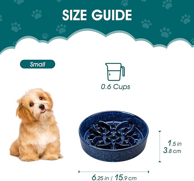 vancasso Ceramic Slow Feeder Dog Bowls, Puzzle Dog Food Bowls with Floral Maze, Anti -Slip Pet Food Dish for Small Breed, 0.6 Cups, Blue