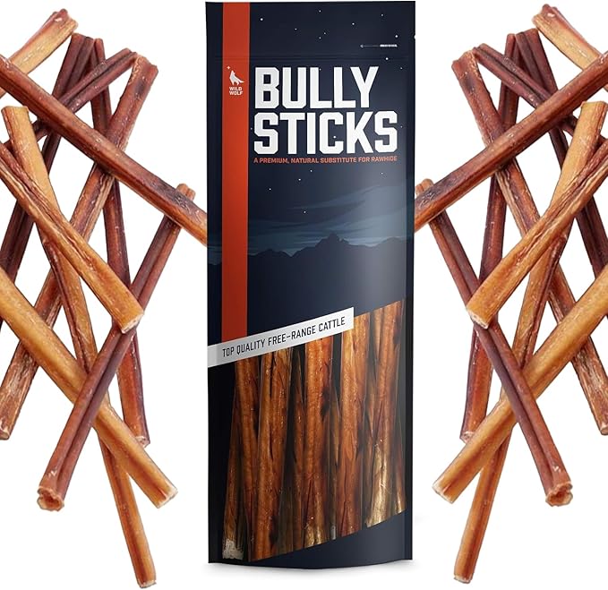 Wild Wolf 12-inch Angus Bully Sticks (8oz./~5 Sticks) Healthy, All-Natural, Long-Lasting Dog Chew Bones - Low Odor - Mixed Thickness - Lab-Tested, Hand-Inspected and Packed with Love in The USA