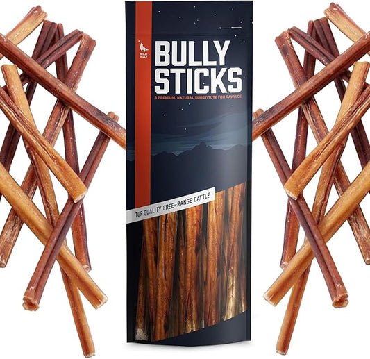 Wild Wolf 12-inch Angus Bully Sticks (8oz./~5 Sticks) Healthy, All-Natural, Long-Lasting Dog Chew Bones - Low Odor - Mixed Thickness - Lab-Tested, Hand-Inspected and Packed with Love in The USA