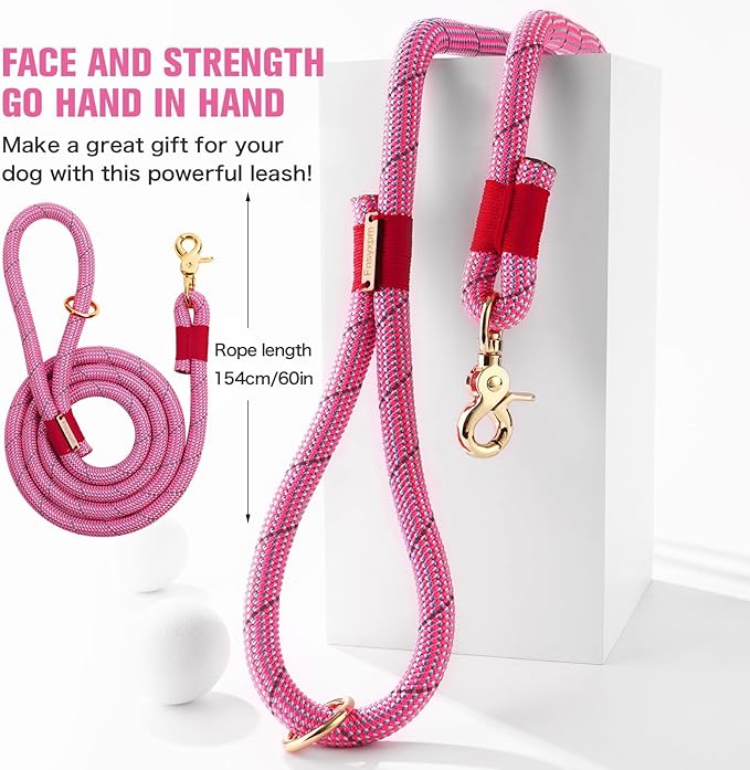 Nylon Rope Dog Leash Reflective, Handmade Braided Strong Dog Lead, Heavy Duty Rope Leash for Medium Large Dogs (5 FT - 3/5" Pink)