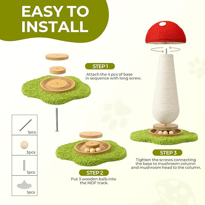 Cat Scratching Post, Mushroom Cat Scratcher with Interactive Ball Track Spring Ball Toys Cute Sisal Scratchers Post for Indoor Adults Kitten with Stable Base