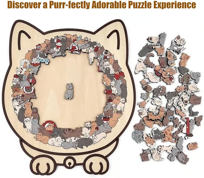 135-Piece Colored Cat Shaped Wooden Jigsaw Puzzle, Unique Cats Shaped Wooden Puzzle Decor Gifts for Cats Lovers (Set A)