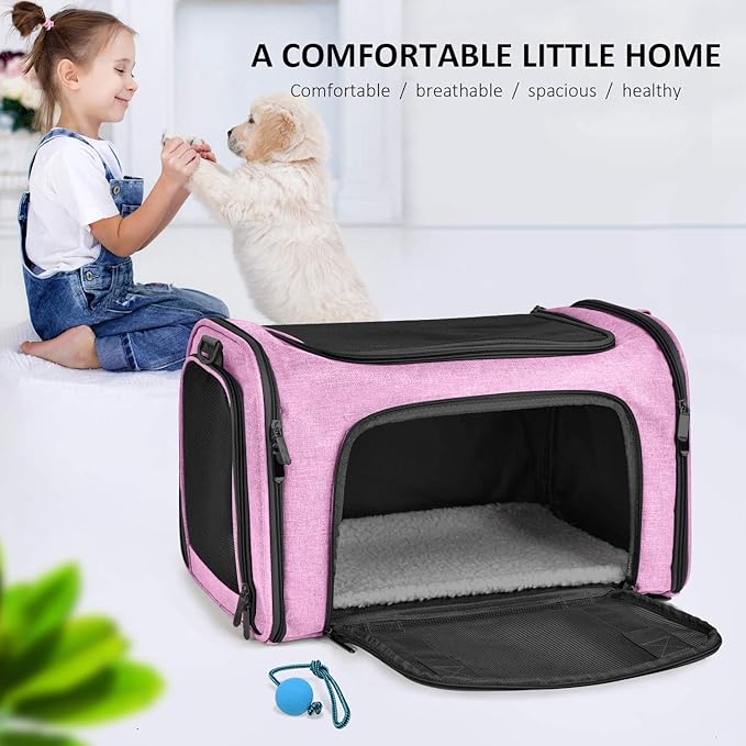 Henkelion Pet Carrier for Small Medium Cats Dogs Puppies up to 15 Lbs, TSA Airline Approved, Soft Sided, Collapsible Travel - Pink