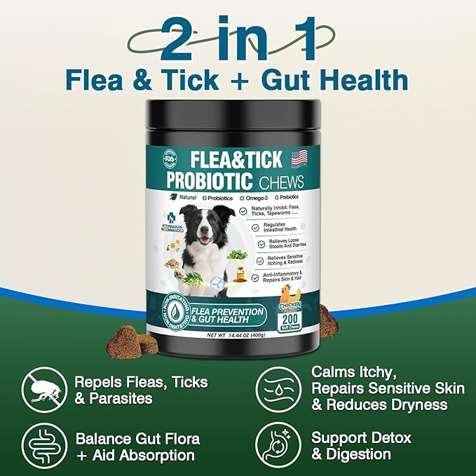 Dog Flea and Tick Treatment Chewable Probiotics Chewables for Dogs Probiotic Digestive Gut Health Natural Flea and Tick Prevention Chews Pet Probiotics for Dogs Chewable Chews Puppy Probiotic 2 in 1