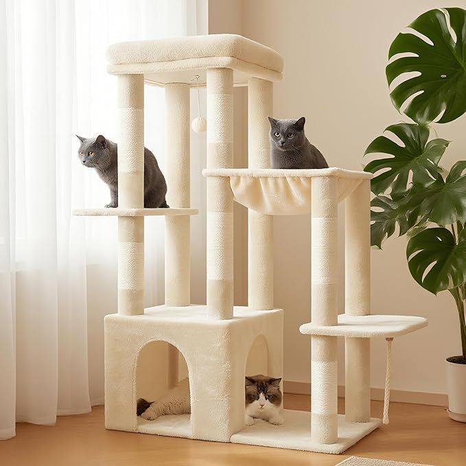 Heybly Heavy Duty Cat Tree, Tower for Indoor Cats Large Adult, Tall Cat Condo House with Extra-Large Baseboard, Multi-Level Plush Furniture with Scratching Posts, Hammock,Toy Balls, Beige HCT026M