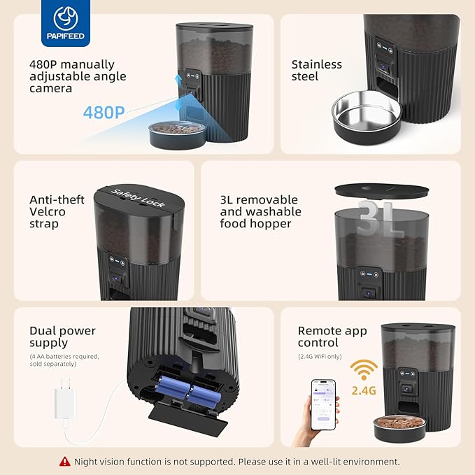PAPIFEED Automatic Cat Feeder with Camera, ‌Adjustable Angle 2.4G WiFi Pet Feeder，3.5L/15 Cup Timed Dispenser,Timed Feeder for Remote Feeding with Stainless Steel Bowl up to 10 Meals Per Day with APP