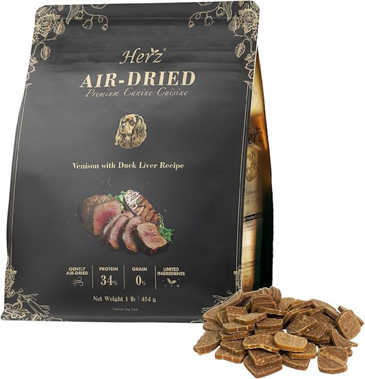 Herz Air-Dried Dog Food Venison & Duck Liver Recipe 1 lb, All-Natural, High-Protein, Grain-Free, Limited Ingredients, Complete & Balanced, Premium Canine Cuisine