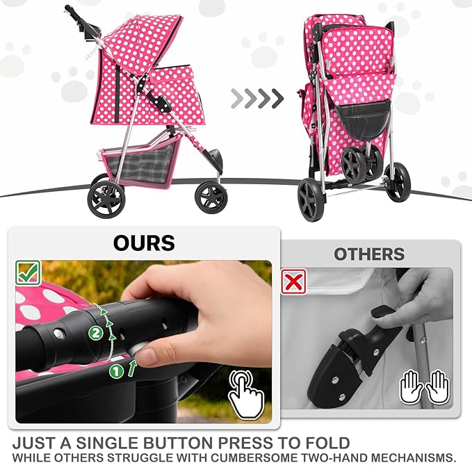 MoNiBloom 3 Wheels Pet Dog Cat Stroller for Small Medium Dogs Cats, Foldable Jogger Stroller w/Storage Basket and Cup Holder, Hot Pink Polka Dots