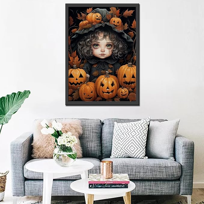 Halloween Pumpkin Girl Jigsaw Puzzle Black Curly Hair Doll 1000 Piece Jigsaw Puzzles for Adults Challenging Family Activity Game DIY Puzzle Home Decor Gift for Friends 20 x 27 Inch