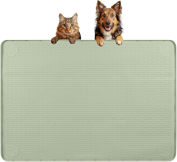 Dog Food Mat, Extra Large 34" x 22" Silicone Pet Feeding Mat with Raised Edge Pet Placemat for Small, Medium, and Large Pets Non-Slip, Easy to Clean (Light Green)