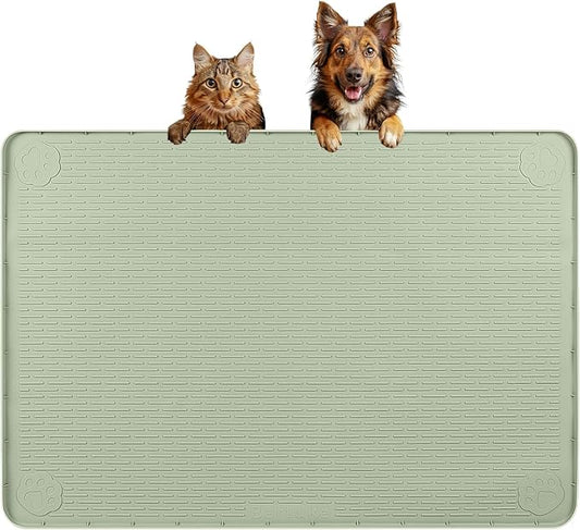 Dog Food Mat, Extra Large 34" x 22" Silicone Pet Feeding Mat with Raised Edge Pet Placemat for Small, Medium, and Large Pets Non-Slip, Easy to Clean (Light Green)