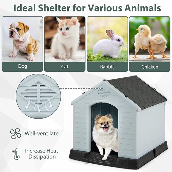 Giantex Dog House for Small Dogs, Waterproof Plastic Dog Houses with Air Vents and Elevated Floor, Easy to Assemble, Outdoor Cat Feeding Station Indoor Patio Backyard Dog Kennel House, Gray