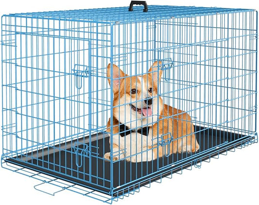 PayLessHere Large Dog Crate Kennel for Medium Large Dogs 36 inches Metal Dog Cage Double-Door Folding Travel Indoor Outdoor Puppy Playpen with Divider and Handle Plastic Tray,Blue