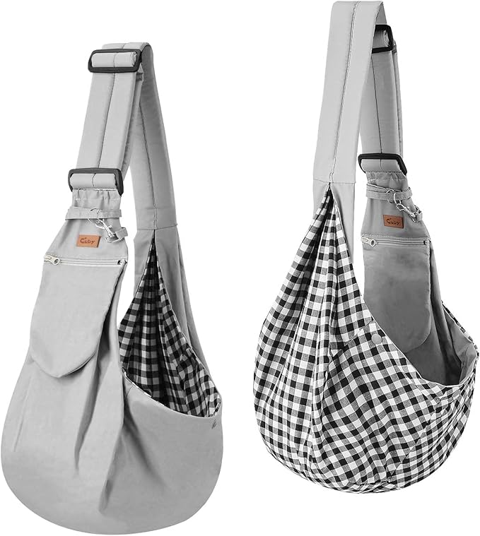 CUBY Dog and Cat Sling Carrier, Hands Free Reversible Pet Papoose Bag, Soft Pouch Adjustable, Suitable for Puppy Cats for Outdoor Travel (Grey Classic, S-Adjustable Strap)