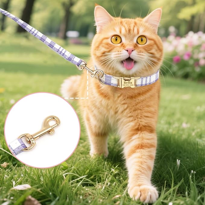 Personalized Cat Collar with Custom Name Plate, Customize Engraved Metal Buckle, Adjustable Cute Plaid Cat ID Tag Collars with Bell