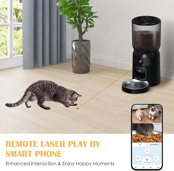 Automatic Cat Feeder with 2K HD Dual Cameras, 2.4/5G WiFi 6L Feeder, Pet Feeder Automatic for Cats & Dogs, Cat Food Dispenser with Cameras, Laser Interactive Toy & Night Vision(Black-Dual Cameras)