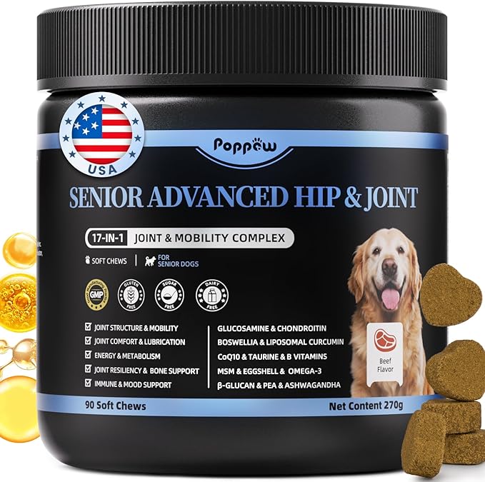 Senior Advanced Joint Supplement for Dogs – 17-in-1 Glucosamine for Dogs with Chondroitin – Hip & Joint Pain Relief Pills – Mobility Support Chews – Large & Small Breeds - Beef Flavor – 90Ct