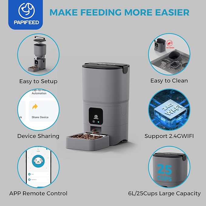 PAPIFEED Automatic Cat Feeder Upgrade, WiFi Pet Feeder with APP Control for Remote Feeding, Detachable for Easy Clean, Dual Power Supply,1-10 Meals Per Day for Multiple Pets(Gray)