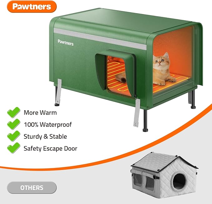 Pawtners Heated Outdoor Cat House for Outside Cats, 26'' XL Insulated Weatherproof Cat Shelter with Heated Pad, Elevated Feet & Escape Door, Warm Kitty House for Feral or Stray Cats in Winter