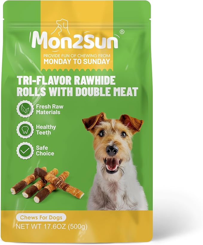 MON2SUN Dog Treats, Triple Flavor 6 Inch Chicken Liver Duck and Chicken Wrapped Rawhide Sticks, Teeth Cleaning Snacks for Medium Dogs, 17.6 oz (10 Count-Pack of 1)