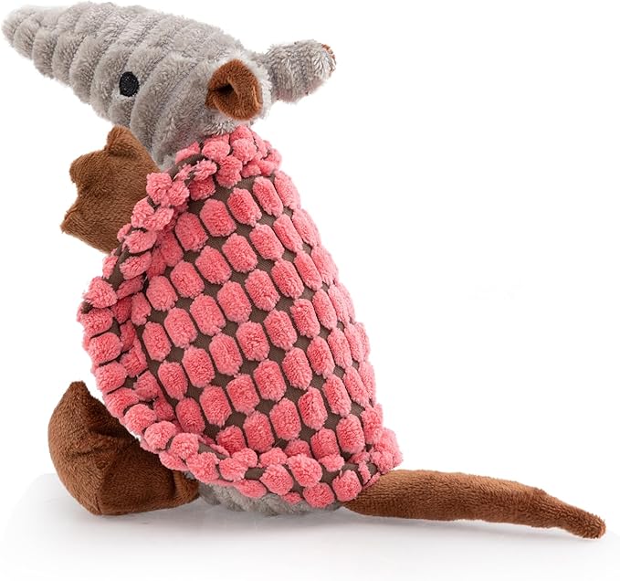 Hollypet Plush Dog Squeaky Toy Stuffed Armadillo Animal Pet Puppy Chew Toys with Clean Teeth for Small Medium Large All Breed Sizes Dogs, Bright Pink,8 in