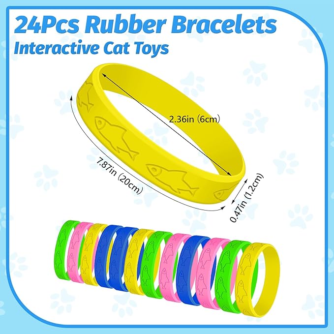 Cat Toys 24 PCS, Rubber Cat Chew Toy, Interactive Cat Toys to Kill Time, Colorful Bracelets Bands for Cat