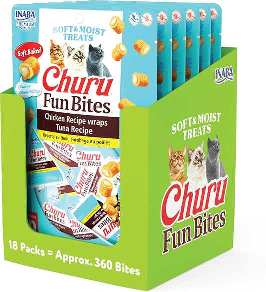 INABA Churu Fun Bites for Cats, Soft & Chewy Cat Treats with Taurine, 0.42 Ounces Each Tetra, 18 Tetras (3 per Bag), Tuna Recipe