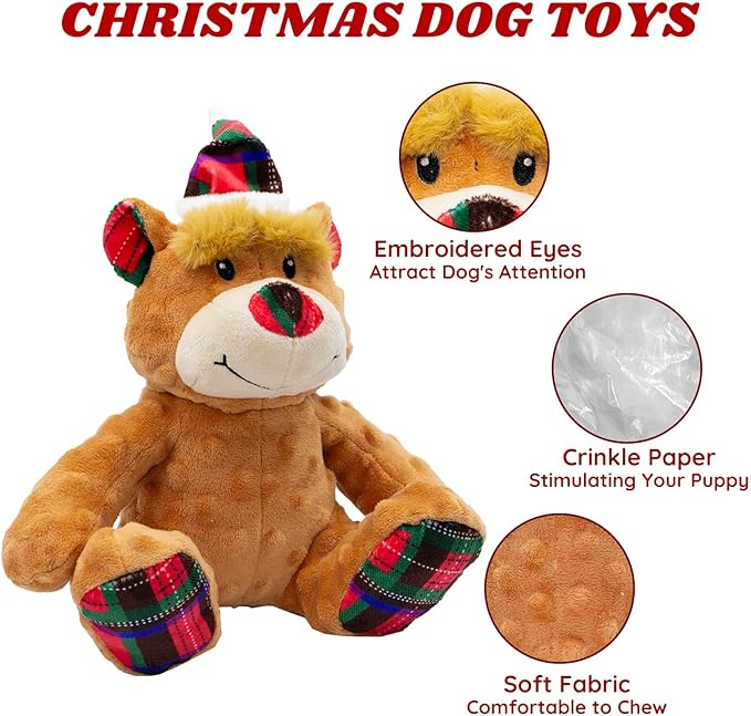 Christmas Bear Plush Dog Toys with Crinkle Paper - Interactive Squeaky Toys for Puppy Medium Small Dogs - Cleaning Teeth and Relieving Anxiety