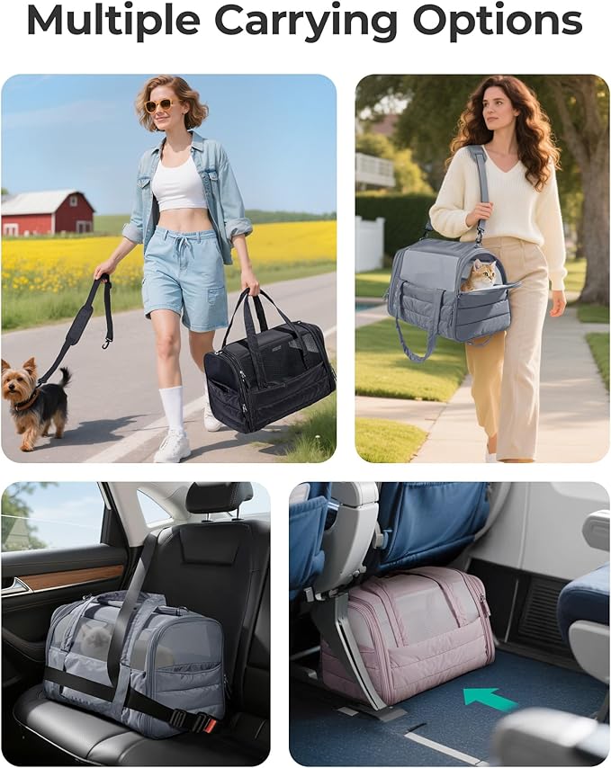 BAGSMART Cat Carrier: Soft-Sided Pet Carrier for Small Medium Cats Dogs Puppy Quilted Collapsible Puffy Travel Bag Up to 20 Lbs Black