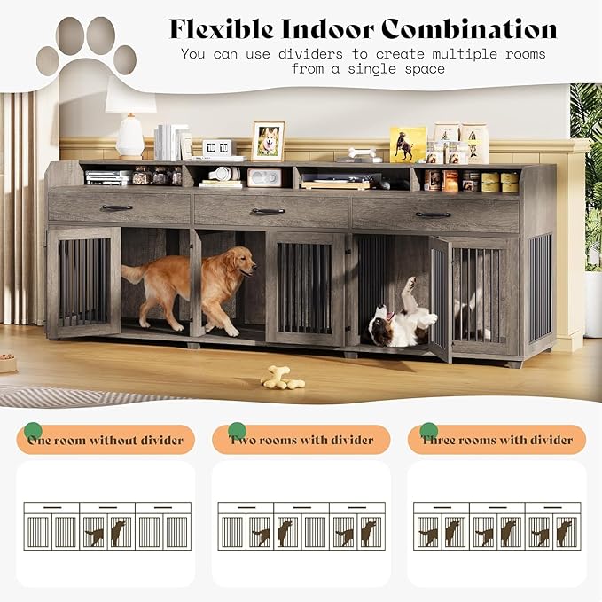 AMERLIFE 95" Large Dog Crate Furniture with Storage, 3-Room Indoor Wooden Dog Kennel for Large/Medium Dogs, TV Stand & Sideboard with Drawers & Removable Divider, Grey