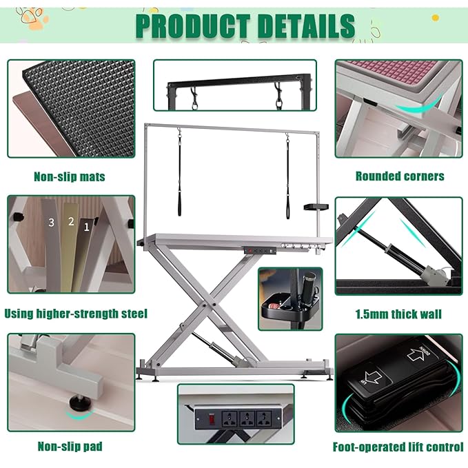 52in Electric Dog Grooming Table, Heavy Duty Adjustable Lift Grooming Table for Large Dogs, Capacity 660IB, with Tool Organizer, Foot Control, Anti Slip Tabletop (White, 51.2 * 24.2INCH)