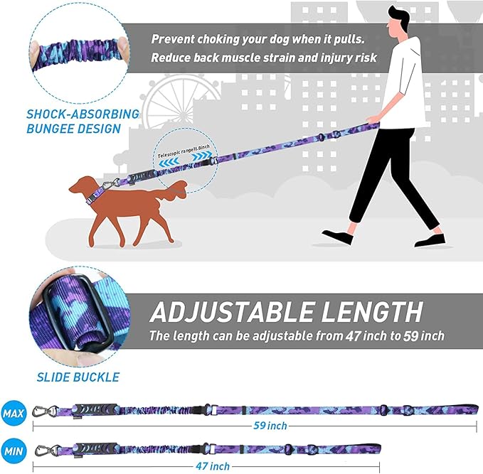 Hotsky Tactical Dog Leash Heavy Duty for Medium Large Dogs That Pull,4-6Ft Strong Bungee Shock Absorbing No Pull Dog Leash with Padded Double Handle and Car Seatbelt,Purple Camo