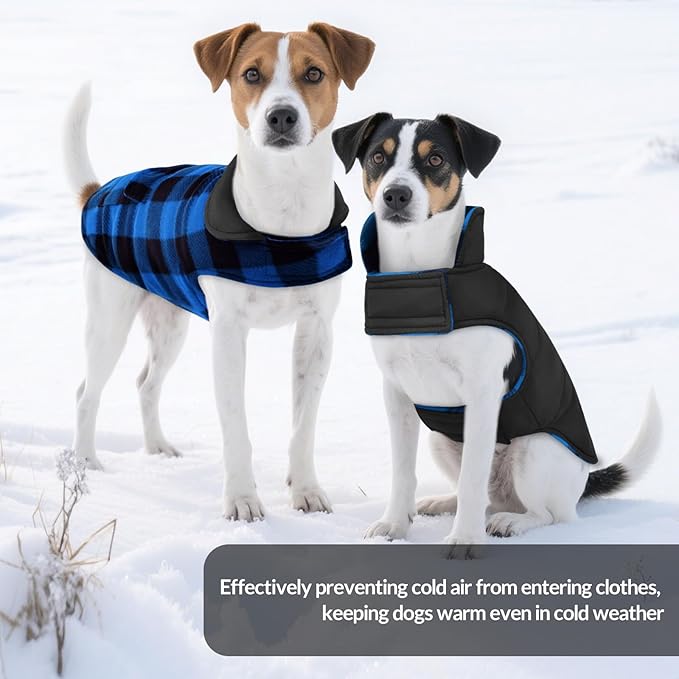 ASENKU Dog Winter Coat, Fleece Doggie Jacket Plaid Reversible Vest Waterproof Windproof Cold Weather Clothes for Small Medium Large Dogs (S, Blue)