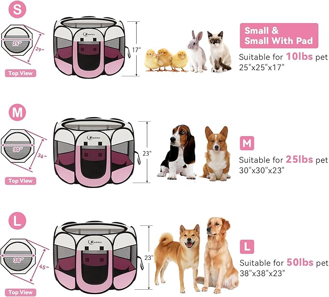 Dog Cat Playpen, Puppy Pet Playpen Indoor for Dog Crate Tent Cage Outdoor, Portable Pop Up Dogs Enclosure Kennel with Carrying Case for Dogs/Cats/Rabbits (Pink with Pad, Medium)