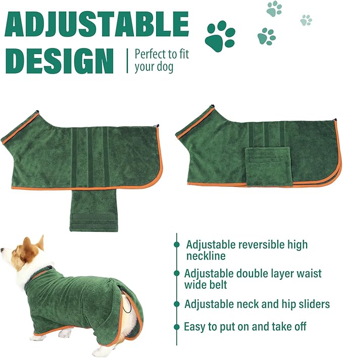 Dog Drying Coat - Fast Drying Dog Towel Robe - Microfiber Super Absorbent Pet Bathrobe, Adjustable Collar & Belly Strap Pet Coat Pet Bath Robe Towel (X-Large, Green)