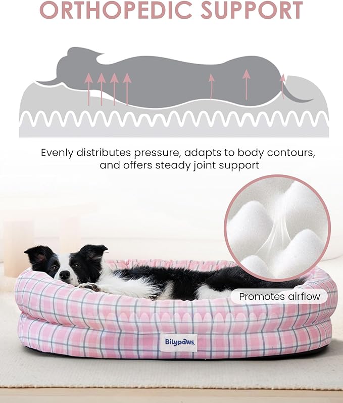 Orthopedic Dog Bed for Medium Size Dogs, Pet Sofa Bed with Egg Crate Foam, 4-Sided Bolster, Removable Washable Cover & Anti-Slip Bottom, Medium Pink Plaid