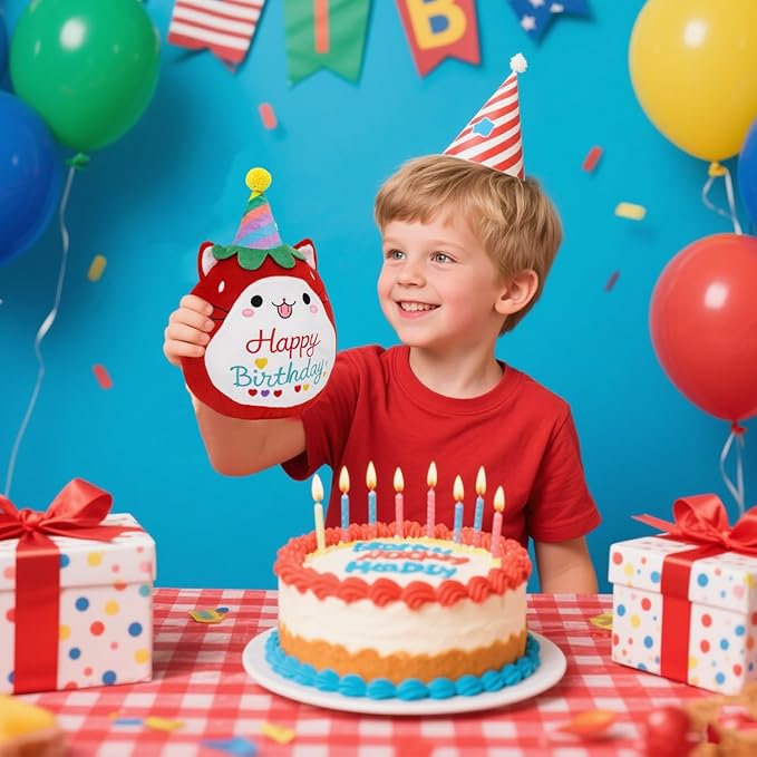 Strawberry Cat Plush Stuffed Animal Red Cat Plush Wear Birthday Hat Kawaii Stuffed Toys Soft Home Plushie Decoration Gifts for Boys Girls